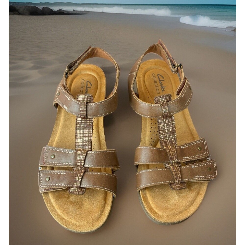 Clarks Collection Women’s Brown Gold Leather Sandals Size 8M